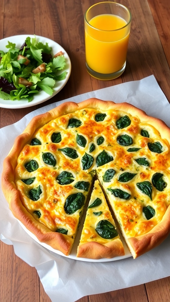 A slice of spinach and cheese quiche on a wooden table, garnished with herbs, with a side salad.